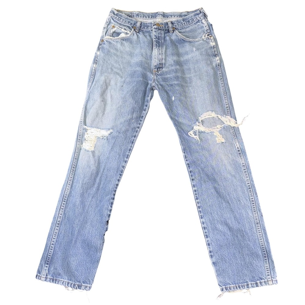 Western Jeans Mens 33x30 Blue Light Wash Distressed Ripped Straight Frayed Hem
